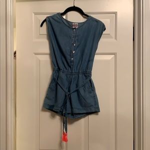 Denim girls romper with a touch of hot pink